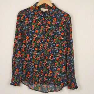 Philosophy Floral Button Front Blouse Womens S Navy Viscose Cottagecore
